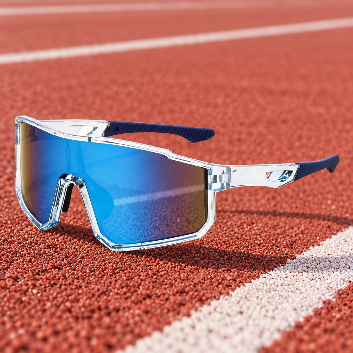 Blue Shield Sport sunglasses resting on a running track