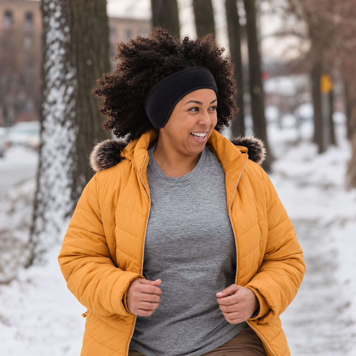 Styled photograph of a runner wearing the black Cold Pace headband on a winter path