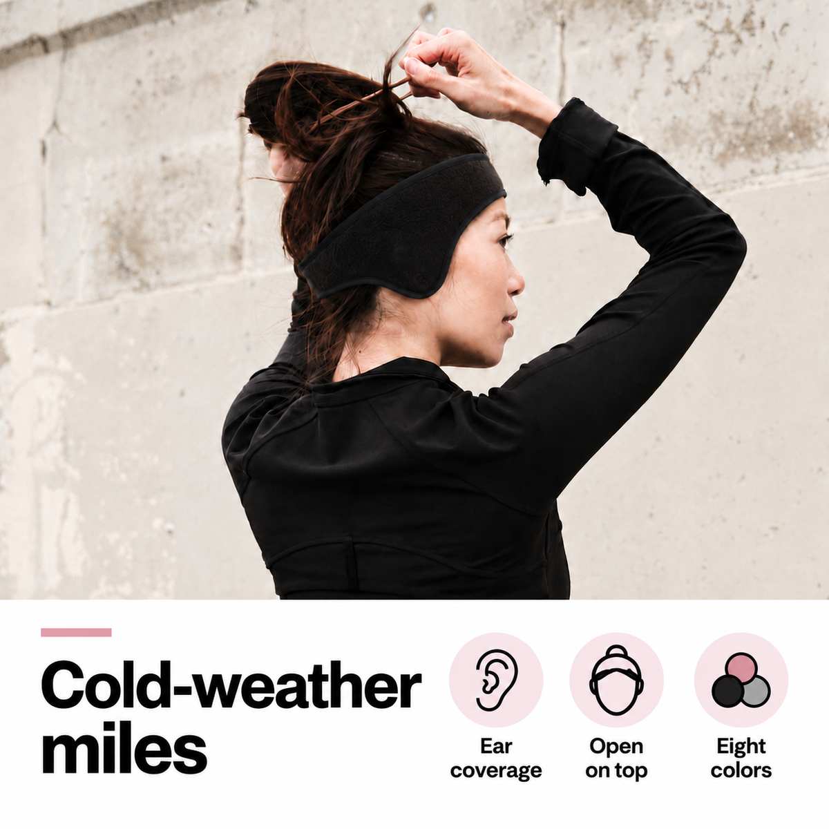 Styled runner wearing black Cold Pace with ear coverage, open-top and eight-color icons