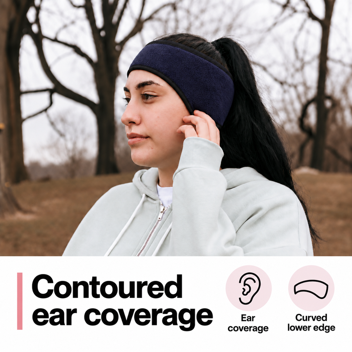 Styled runner wearing navy Cold Pace with contoured ear coverage icons
