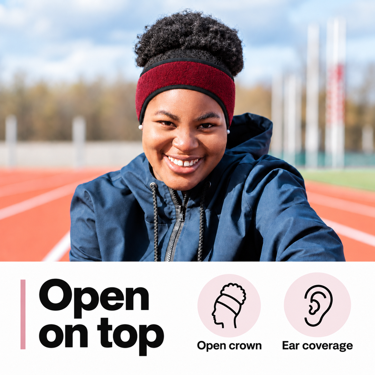 Styled runner wearing burgundy Cold Pace with open-crown and ear-coverage icons