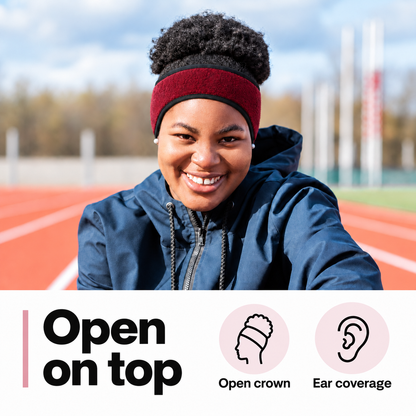 Styled runner wearing burgundy Cold Pace with open-crown and ear-coverage icons