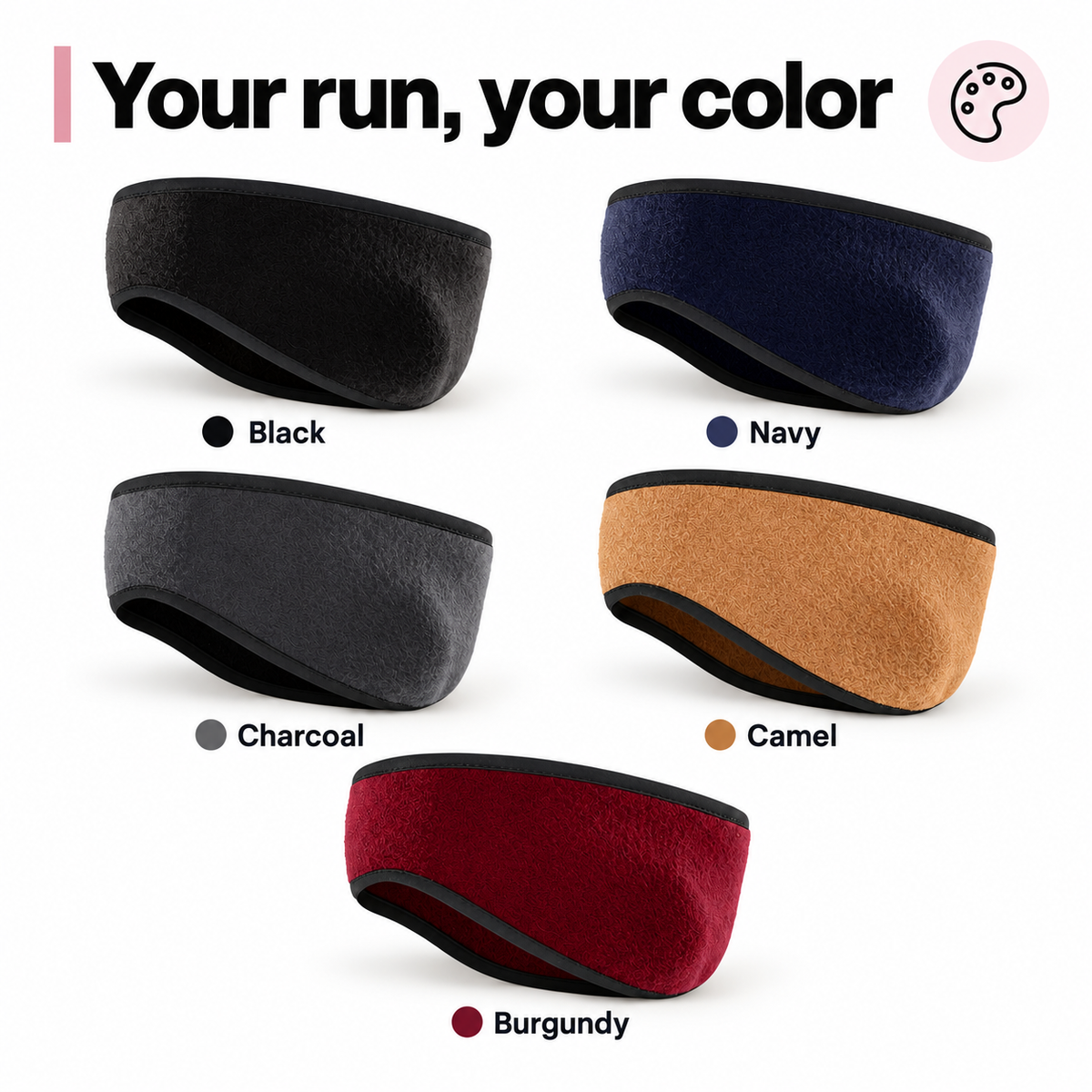 Cold Pace headbands in Black, Navy, Charcoal, Camel and Burgundy with color swatches
