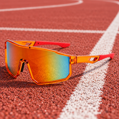Range Shield Sport sunglasses resting on a running track
