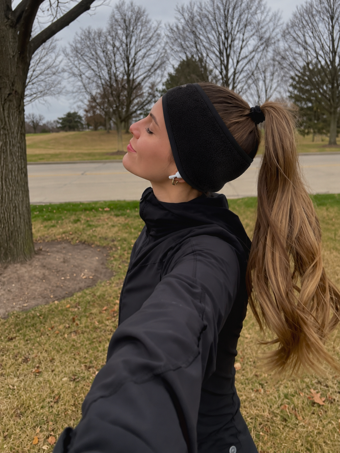 Styled photo composite of black Cold Pace on an outdoor runner with a ponytail